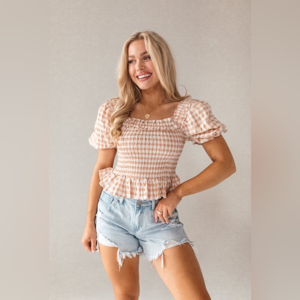 The Post Kendra Tan Gingham Smocked Peplum Top Size Large
